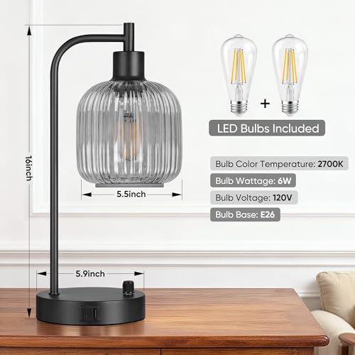 Grey Glass Table Lamps Set of 2, Dimmable Bedside Lamps for Living Room - color: Black&Grey