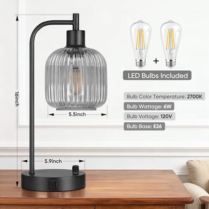 Grey Glass Table Lamps Set of 2, Dimmable Bedside Lamps for Living Room - color: Black&Grey
