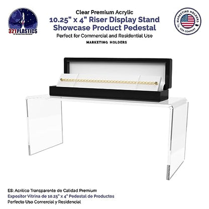 Marketing Holders 4 Pack Clear Acrylic Riser Display Stand 10 Inch Wide by 4 Inch Deep Retail Merchandise Showcase Elongated Bench Clear Plexiglass Counter or Tabletop Products Platform - size: 10.25"W x 4"D x 4.25"H
