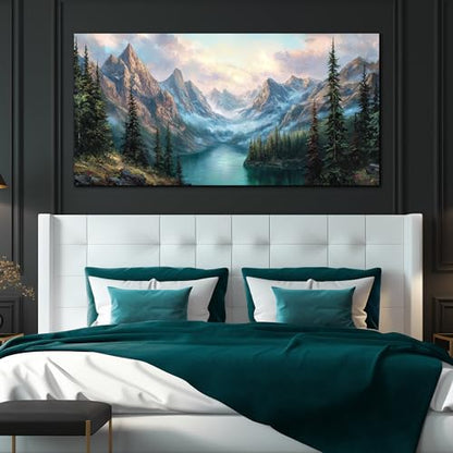 MXUNYZ Mountain Green Tree Lake Nature Landscape Prints Wall Art - color: Blue Green, size: 58"L x 29"W