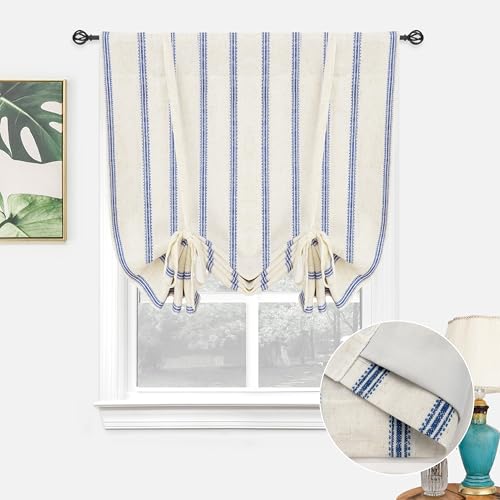DriftAway Farmhouse Double Layer Linen Blackout Tie Up Curtains Thermal Insulated Vertical Striped Fully Lined Balloon Roman Shade Bathroom Window Adjustable Rod Pocket 31 Inch by 47 Inch Navy - color: Navy Blue, size: 31"W x 47"L (Pack of 1)