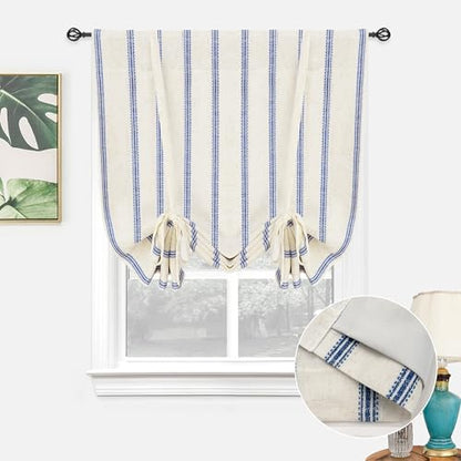 DriftAway Farmhouse Double Layer Linen Blackout Tie Up Curtains Thermal Insulated Vertical Striped Fully Lined Balloon Roman Shade Bathroom Window Adjustable Rod Pocket 31 Inch by 47 Inch Navy - color: Navy Blue, size: 31"W x 47"L (Pack of 1)