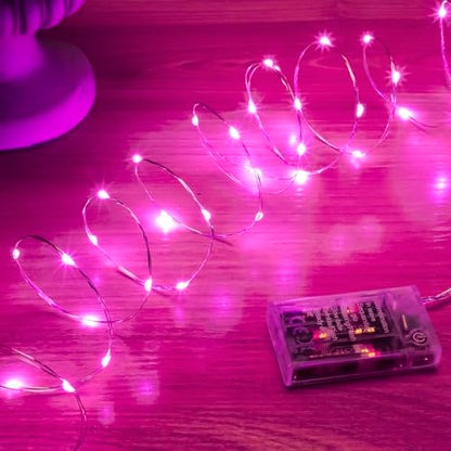 Pink Fairy Lights Battery Operated (Included), 8 Modes & Auto Timer, 16FT 50Led Mini Twinkle Silver Wire Firefly Starry Lights, Waterproof Battery Operated Lights for Mason Jars Wedding Party - color: Pink, size: 1 Pack - Batteries Included