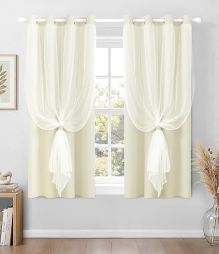 100% Blackout Curtains with Sheer Overlay, Beige, 52 x 63 inch, 2 Panels - color: Beige, size: 52"W x 63"L (Pack of 2)