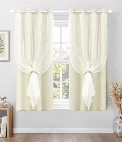 100% Blackout Curtains with Sheer Overlay, Beige, 52 x 63 inch, 2 Panels - color: Beige, size: 52"W x 63"L (Pack of 2)