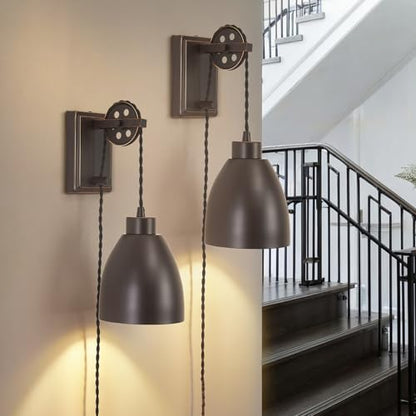 8FT Plug in Wall Sconces Pulley Wall Lamps, Oil Rubbed Bronze - color: Oil-Rubbed Bronze