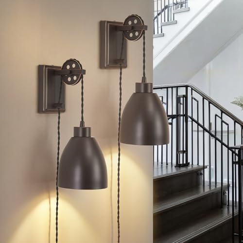8FT Plug in Wall Sconces Pulley Wall Lamps, Oil Rubbed Bronze - color: Oil-Rubbed Bronze