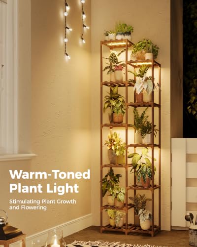 Bamworld Plant Stand with Grow Lights, 11 Tier Tall Large Wood Plant Shelf - color: Brown, size: 11 Tiers - Pro