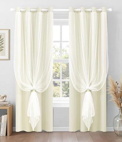 100% Blackout Curtains with Sheer Overlay, Beige, 52 x 84 inch, 2 Panels - color: Beige, size: 52"W x 84"L (Pack of 2)