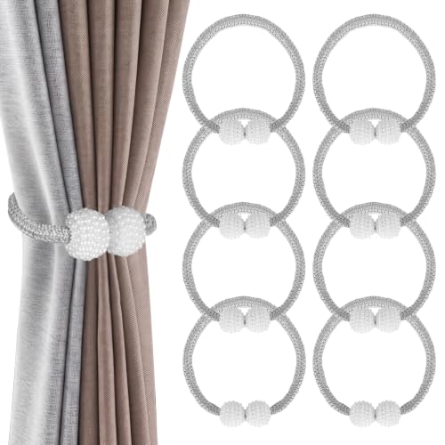 8 Pack Magnetic Curtain Tiebacks with Pearls,Modern Curtain Holdbacks Strap - color: Gray