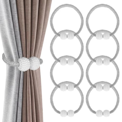 8 Pack Magnetic Curtain Tiebacks with Pearls,Modern Curtain Holdbacks Strap - color: Gray