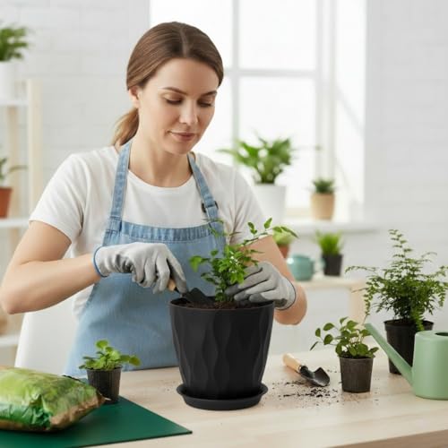 6 Pack 8 Inch Plastic Plant Pots with Drainage Holes and Trays, Black - color: Black 8 Inch