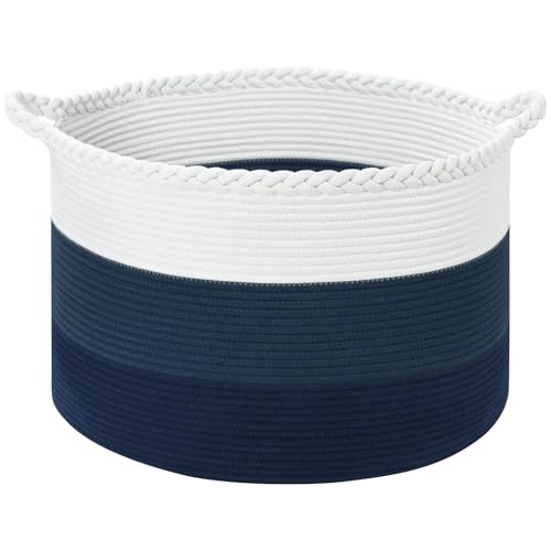 67L Large Woven Blanket Basket, Cotton Rope Baby Laundry Hamper with Handles, Kids Toy Basket for Classroom & Nursery, Soft Round Stuffed Animal Storage, Dog Toy Bin - 20"x13", Dark Blue - color: Dark Blue - W, size: Wide (20"D×13"H)