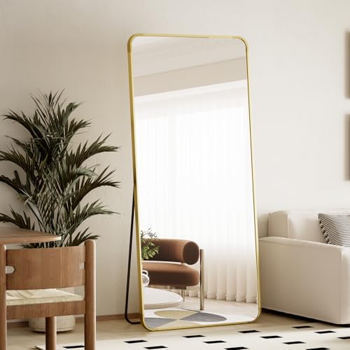 BEAUTYPEAK 66" x 23" Rounded Corner Full Length Mirror with Stand, Gold - color: Gold, size: 66"L x 23"W