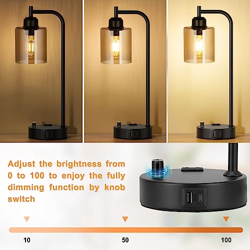 Industrial Bedside Lamps for Nightstand Set of 2 - Fully Dimmable Bedroom Lamps with USB A C Ports and Outlet, Black Table Lamps with Amber Glass Shade for Living Room, Desk Lamps for Office Reading - color: Amber