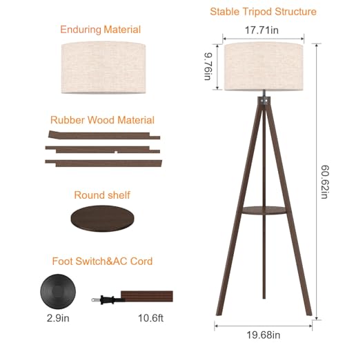 LEPOWER Shelf Floor Lamp Tripod Mid Century Modern Lamps for Living Room - color: Dark Brown Holder