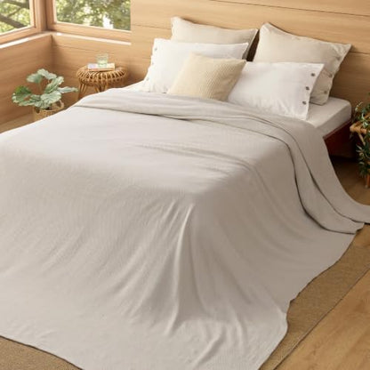 Bedsure 100% Cotton Blanket, Herringbone Weave, Oversized King, Linen Beige - color: 01 - Linen Beige, size: Oversized King
