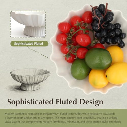 White Pedestal Fruit Bowl for Kitchen Counter, 9-Inch Ceramic Centerpiece Bowl with Fluted Texture, Modern Farmhouse Coffee Table Decor for Dining Table,Entryway Key Bowl, HouseWarming Gift