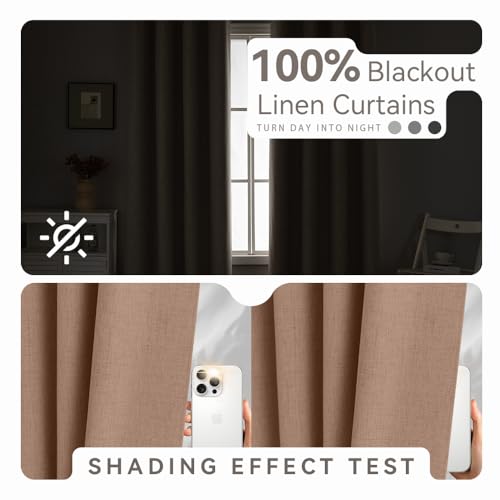PFAS Free Mocha Linen Curtains 84 inch Length 2 Panels Set 100% Blackout Long Drapes for Bedroom Living Room Blackout Darkening Curtain Thermal Insulated (52x84 inch,Mocha) - color: Mocha, size: 52"W x 84"L (Pack of 2)