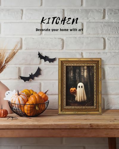 VIYYIEA Gold Framed Pumpkin Ghost Canvas Art, Gothic Halloween, 8x10in - color: Ghost Pumpkin Art, size: 10"L x 8"W
