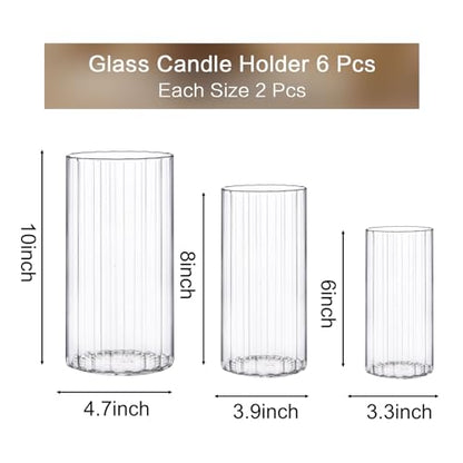 yshengood 6 Pcs Glass Hurricane Candle Holder Ribbed Glass Candle Holder - Elegant & Easy to Use, Perfect for Wedding, Holiday, Party Decor, Home and Event Essential