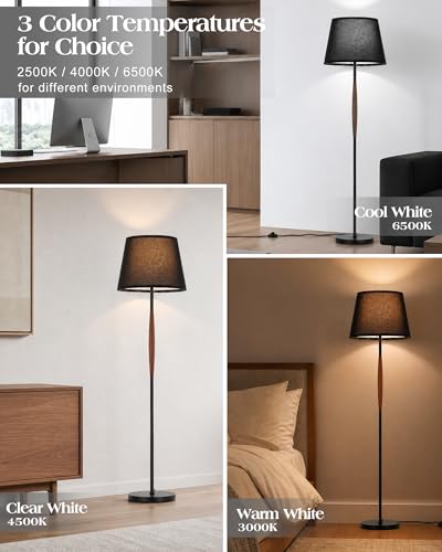 ELYONA Mid Century Modern Floor Lamp, Solid Wood Reading Standing Lamp with Black Linen Fabric Shade, Vintage Corner Light for Living Room Bedroom Office 3 Color Temperatures 9W Bulbs Included, Walnut - color: Walnut & Black