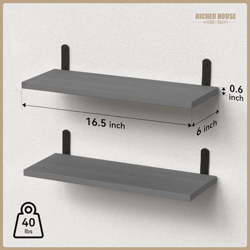 RICHER HOUSE Rustic Wood Floating Shelves, 2-Set Wall Mounted Shelves, 16In - color: Grey