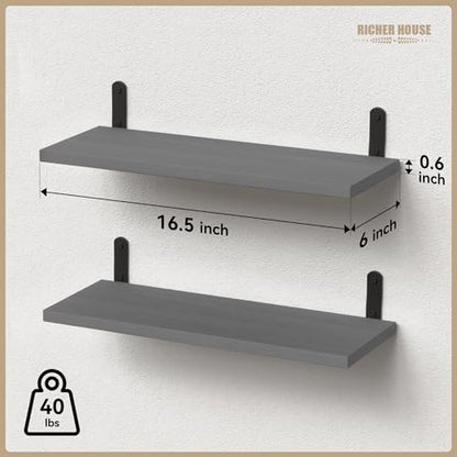 RICHER HOUSE Rustic Wood Floating Shelves, 2-Set Wall Mounted Shelves, 16In - color: Grey