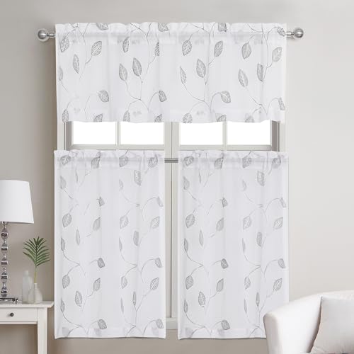 Regal Home Collections Embroidered Kitchen Tiers & Window Valance Curtains - 54"x36" Light Filtering Rod Pocket Cafe Tier, Curtain Valances for Windows, Florence White/Grey - color: Florence/Gray