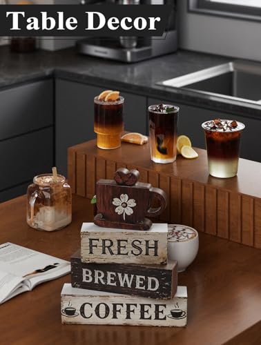 Coffee Wooden Tabletop Decor,Fresh Brewed Coffee Wood Sign Mini Coffee Bar Wooden Signs Book Stacks Accessories Rustic Table Farmhouse Table Decor (Fresh Brewed Coffee) - size: Coffee