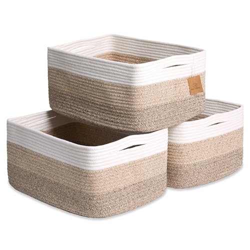 NaturalCozy Storage Baskets 16.8”x13”x7.6” Cotton Rope Woven Baskets for Organizing 3-Pack | Toy Storage Bins | Basket for Shelves, Laundry, Blanket, Clothes, Closet, Kitchen, Bathroom, Gifts - color: 3-Tone Brown