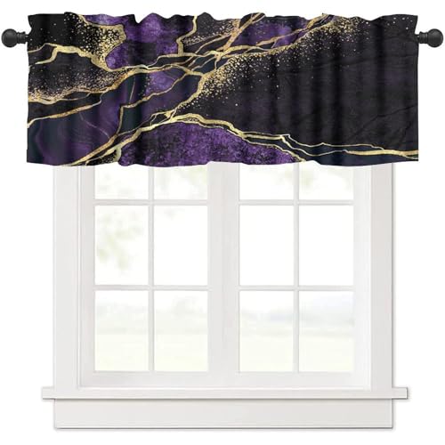 Purple Marble Window Valance, Abstract Modern Luxury Gold Black Cracked Lines Print Blackout Short Curtain Treatment for Home Kitchen Bedroom Living Room Cafe, 54x18inch - color: Marble-23