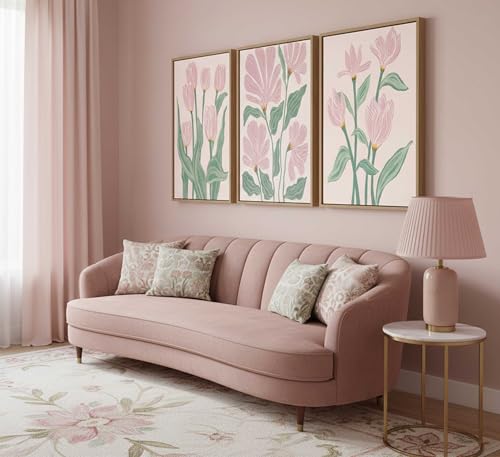 Framed 3 Pcs Pink Tulips Flowers Canvas Wall Art - color: Framed-Tulips, size: 16"L x 12"W