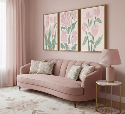 Framed 3 Pcs Pink Tulips Flowers Canvas Wall Art - color: Framed-Tulips, size: 24"L x 16"W