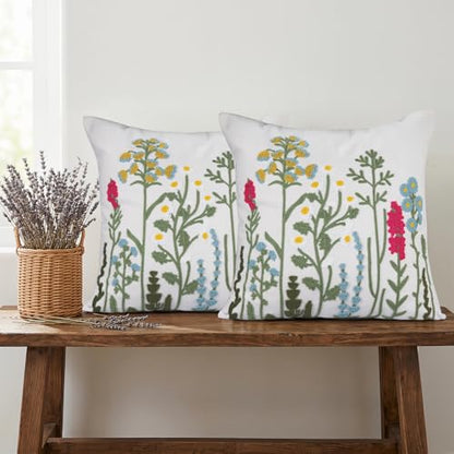 Blue Yellow Daisy Floral Embroidered Pillow Covers 18x18 Set of 2 - color: Blue Green Pink, size: 18" x 18" (Pack of 2)