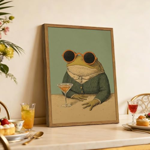 Framed Funny Frog Wall Art, Whimsical Frog with Cocktail Pictures Wall Decor, Vintage Quirky Animal Paintings Canvas Prints Eclectic Home Decor for Living Room Bedroom Bar 8x10 inch - color: Whimsical frog, size: 10"L x 8"W