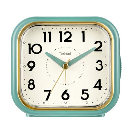 Tinload 4.3" Vintage Retro Analog Alarm Clock, Super Silent Non Ticking Clock with Manual Light, Snooze, Battery Operated, Simply Design, for Living Room, Bedroom, Bedside, Desk(Green-V2) - style: Green-Gold