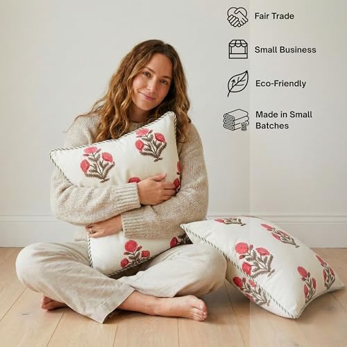 ATOSII Cotton Blockprint Throw Pillow Cover, Poppy, Set of 2, 18 X 18 - color: Poppy, size: 18" x 18" (Pack of 2)