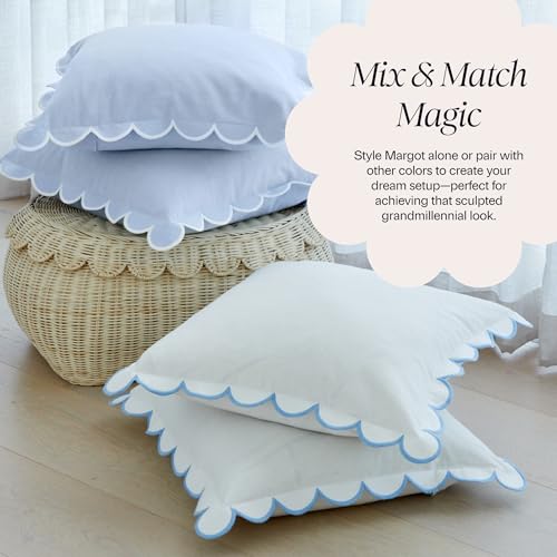BEBE BASK Scalloped Pillow Cover Set of 2, 18x18, Cotton - Sky Blue/White - color: Sky Blue/White
