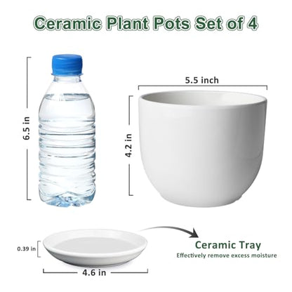 Ceramic Plant Pots, White, 5.5 Inch, 4 Pack - size: 5.5 Inch 4 Pcs
