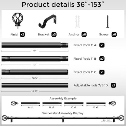 Black Curtain Rod 36-153 Inch, 1 Inch Curtain Rods for Windows - color: Black, size: 36"-153" (1 Pack)