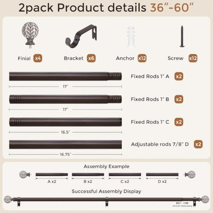 2 Pack Curtain Rod 36-60 Inch, Boho Wood 1 Inch Window Curtain Rod - color: Walnut Wood, size: 36''-60'' (2 Pack)