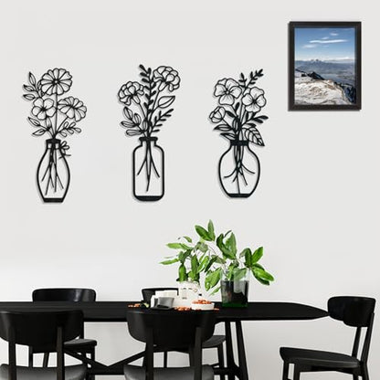 Lcaughsy Metal-Wall-Art Decoration - Metal Wall Decor Floral and Picture Frame For Living Room, 3 Pcs Hanging Wall Decor Art for Home Dining Room Bedroom Kitchen Farmhouse, Black