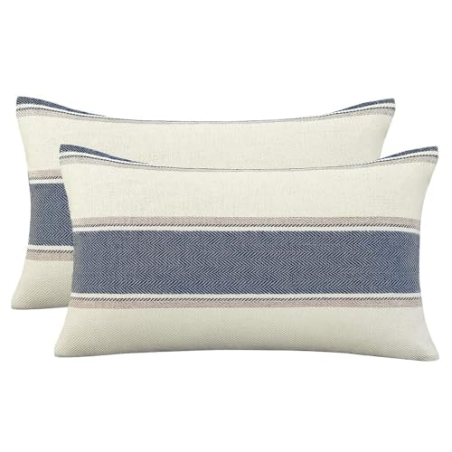 AmHoo Pack of 2 Farmhouse Linen Throw Pillow Cover Cushion Stripe Decoration Buffalo Retro Pillowcase with Hidden Zipper for Sofa Bedroom Car 12 x 20 Inch Blue - color: Blue, size: 20" x 12" (Pack of 2)