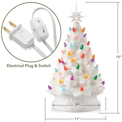 Casafield Hand Painted Ceramic Christmas Tree, White 15-Inch Pre-Lit Tree with 128 Multi Color Lights and 2 Star Toppers - color: White
