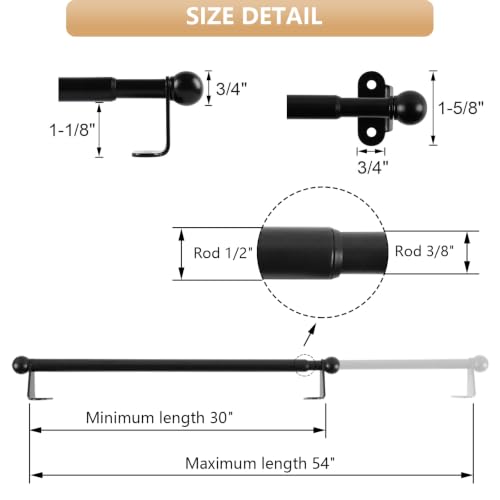Cafe Curtain Rod 30-54 Inch, 1/2" Diameter, Door Curtain Rod, Black - color: Black, size: 30-54 Inch
