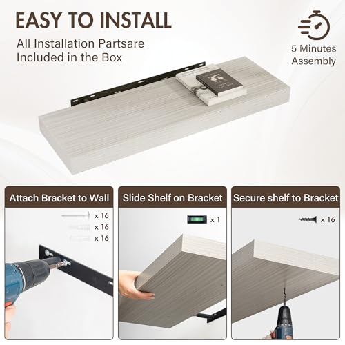 Acovy 36 Inch Floating Shelves, 12" Deep Floating Shelf Wall Mounted, 36" Wall Shelves, Rustic Deep Bookshelf, Extra Deeper & Thicker Display Shelves for Bedroom, Living Room, Gray, Set of 2 - color: Grey, size: 12"Wx36"L-2pcs