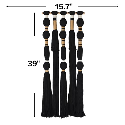 Macrame Wall Hanging Black Spherical Tassel Geometric Wall Art 15.7"W*39"L - color: Black1