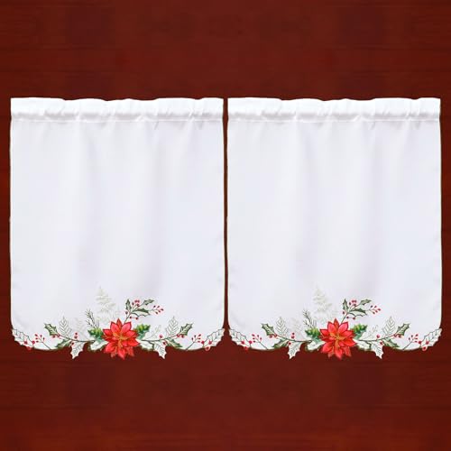 Simhomsen Embroidered Poinsettia Kitchen Window Curtain Swag and Tiers Set for Christmas Holiday (Poinsettia) - color: Poinsettia
