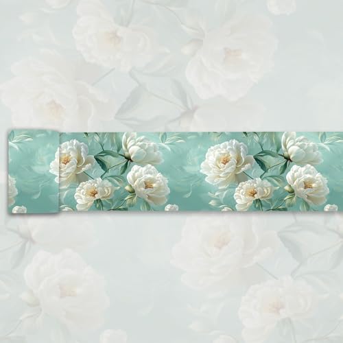 White Peony Wallpaper Border Peel and Stick Mint Green Visual Depth Trim - color: Mint Green/White, size: 3.9" x 393.7"
